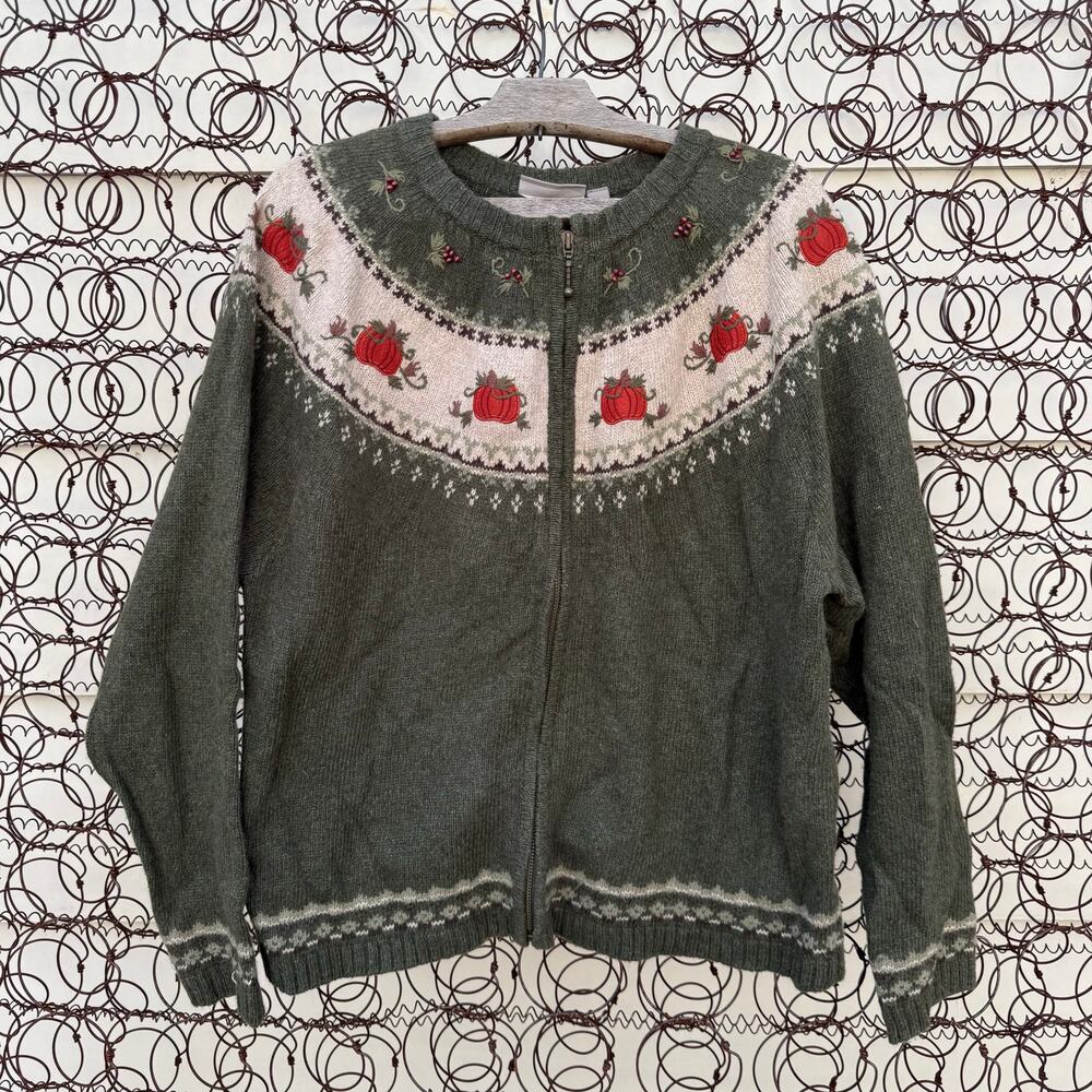 90s Croft and Barrow Olive Pumpkin Fall Harvest Fair Isle Cardigan Sweater LARGE